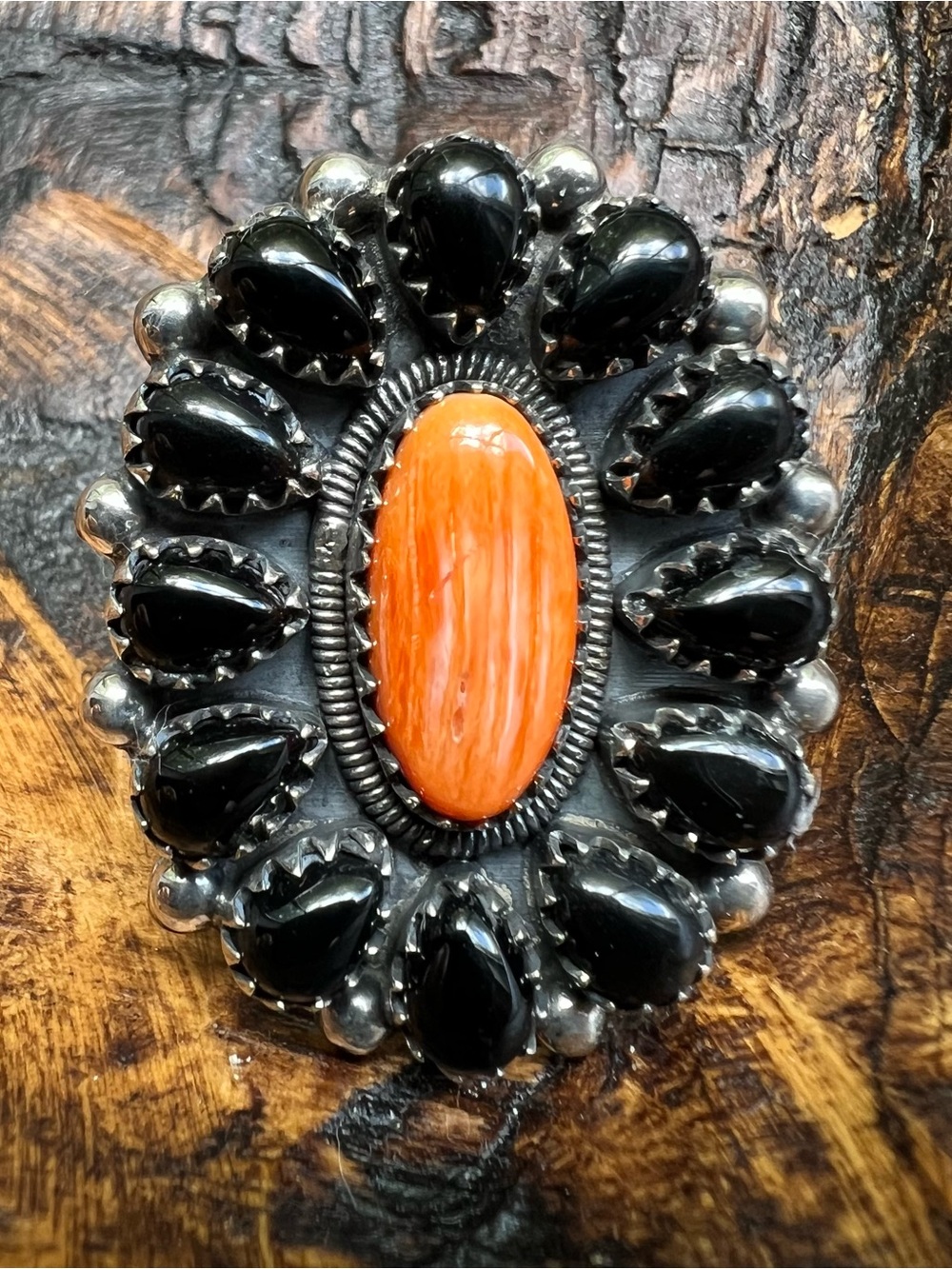Sterling Silver Spiny Oyster Black Onyx Cluster Ring Size 7.5 Southwestern